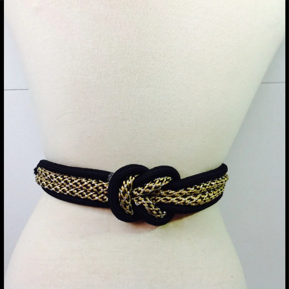 Vintage Black Gold Belt Silver Knot Cording Buckle